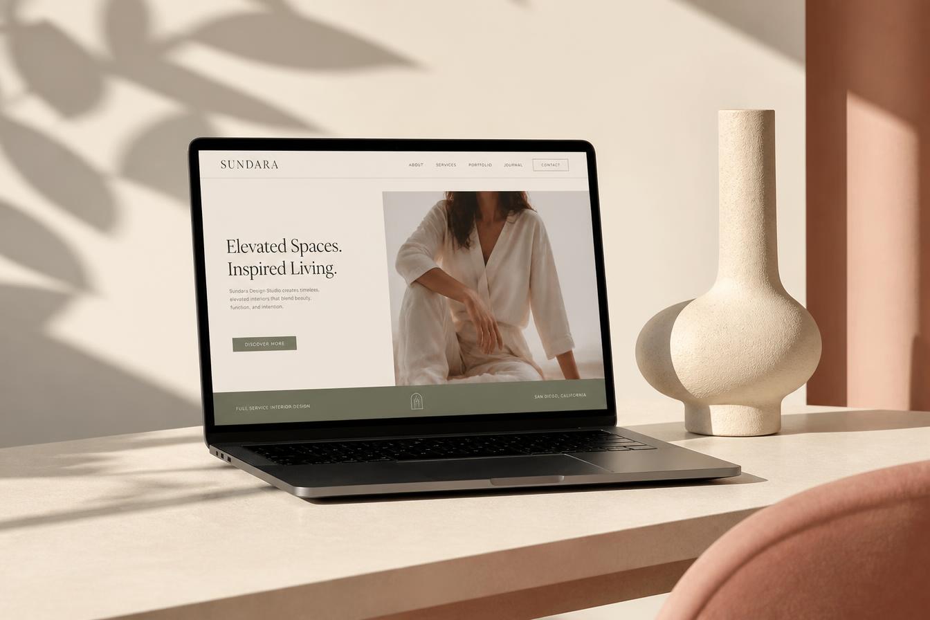 A sleek laptop on a clean desk showing a custom website, with architectural shadows and a sculptural ceramic vase